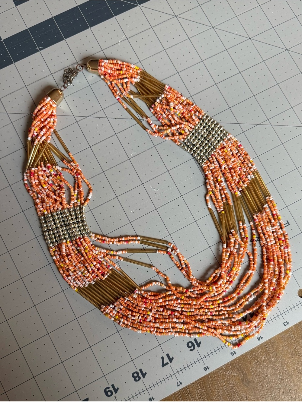 Multistrand Peach Coral Beaded Statement Necklace with Clasp
